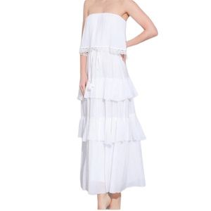AAKAA Strapless Maxi Tube Dress Gauze Tiered Ruffles Sundress Lace Flowy White